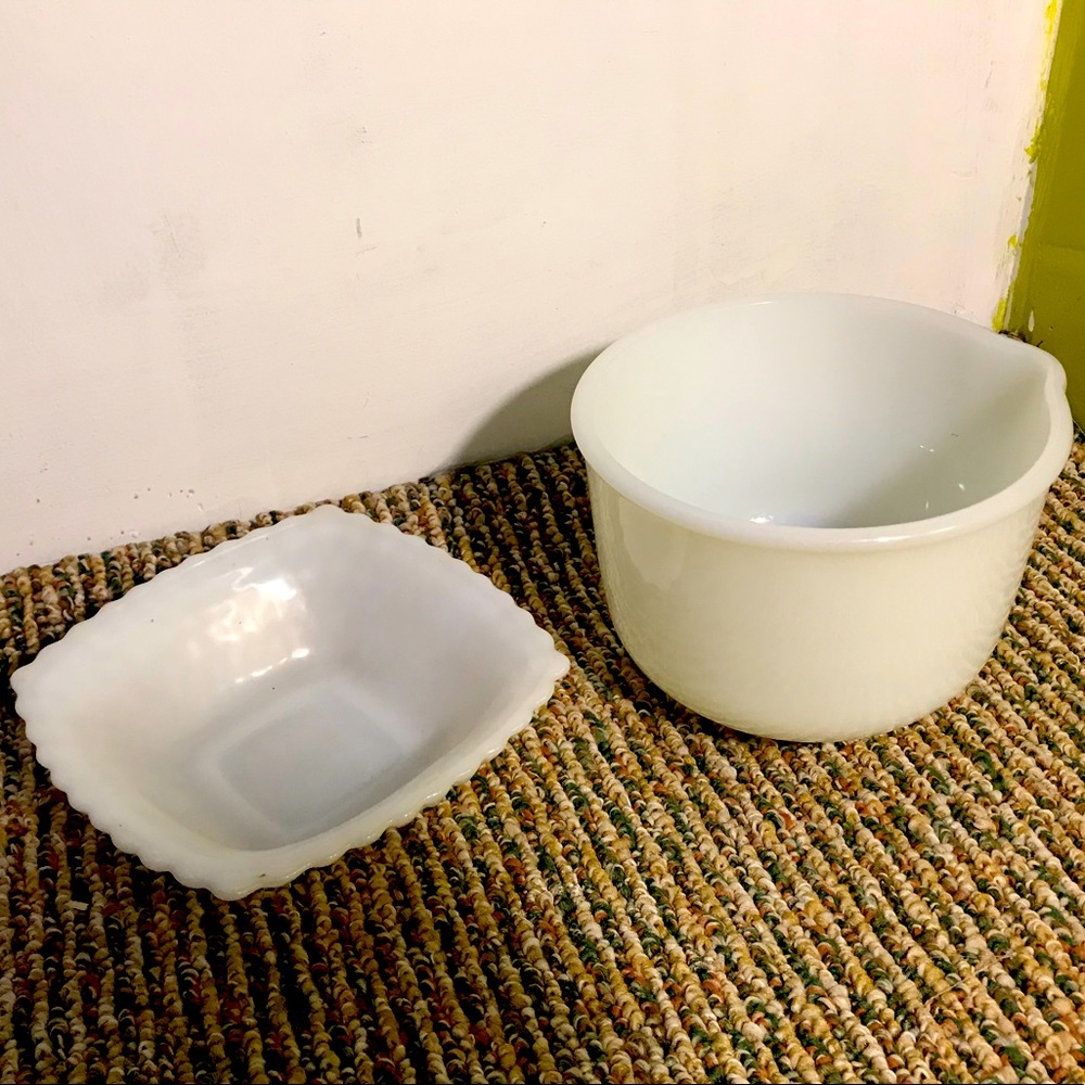 Milk glass bowl and popcorn plate